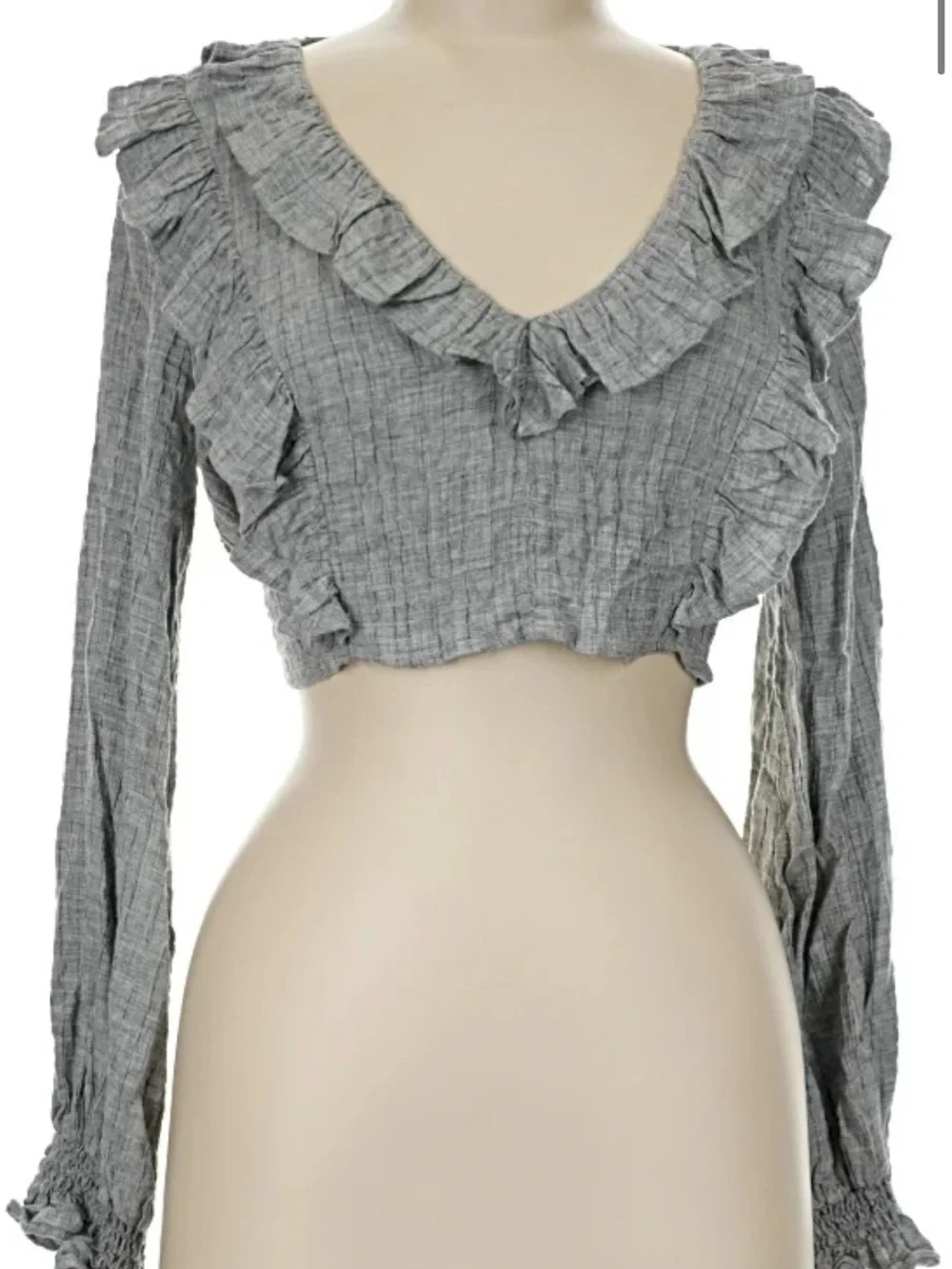 Zara Light Gray Ruffle-Front Long Sleeve Crop Top